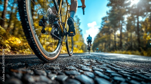 A close-up of a road bike tire conveys the sense of speed during a bike race. photo