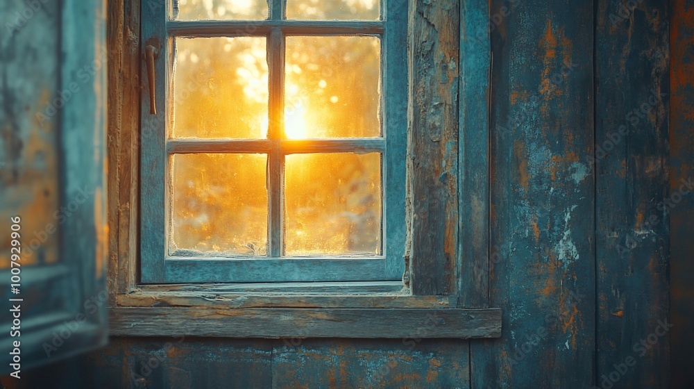 A rustic wooden window with a view of the sun setting through the glass. A rustic wooden window with a view of the sun setting through the glass.