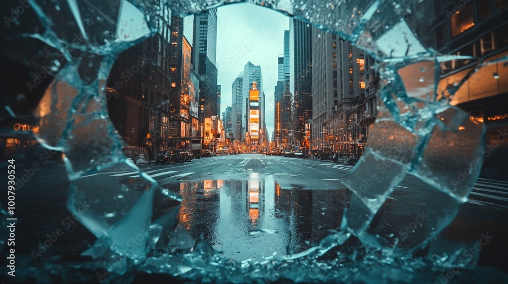 Obraz premium A view of a city street through a shattered window.