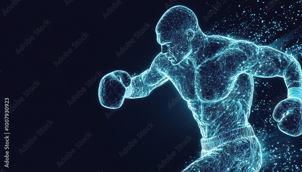 Futuristic boxer in energy sparks, dark backdrop Futuristic boxer in energy sparks, dark backdrop