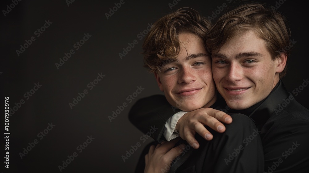 Two young men smiling and hugging in a studio Two young men smiling and hugging in a studio