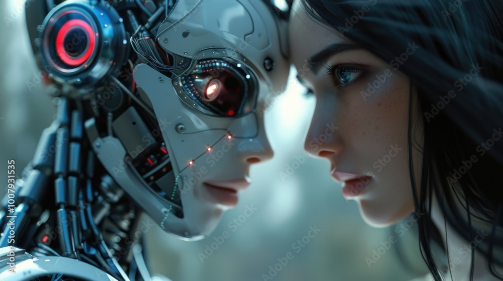 Woman touching robots head Woman touching robots head