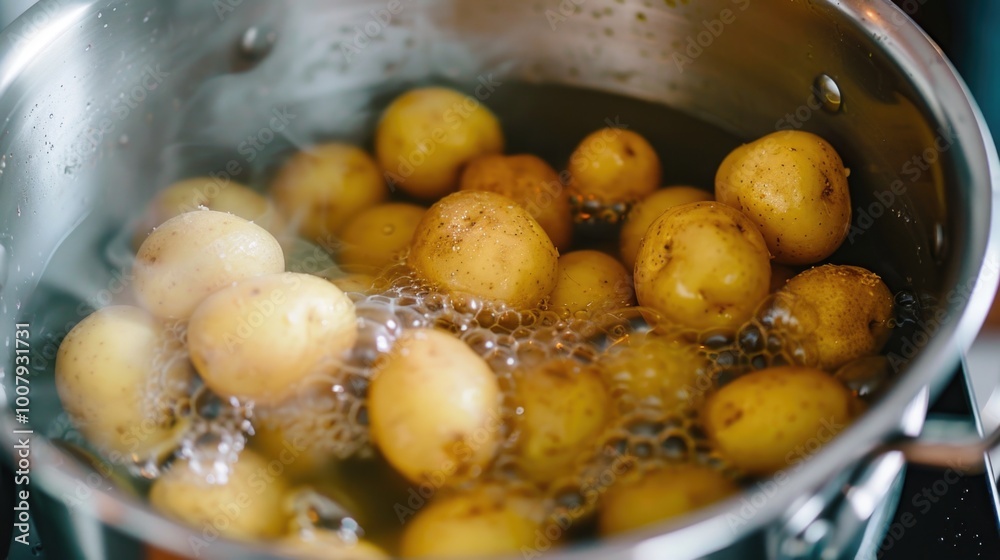 Boiling potatoes in a pot on a stovetop Boiling potatoes in a pot on a stovetop