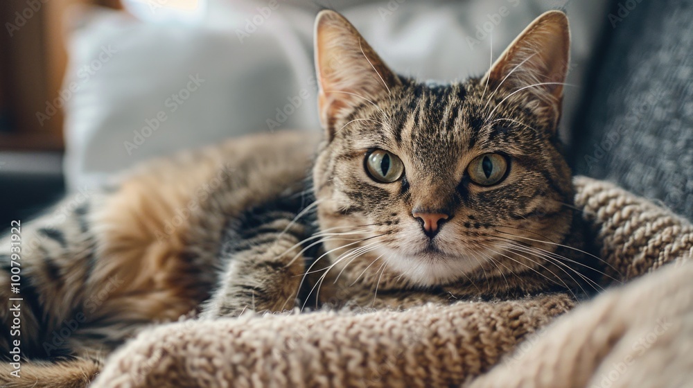 Tabby cat relaxing on a couch Tabby cat relaxing on a couch