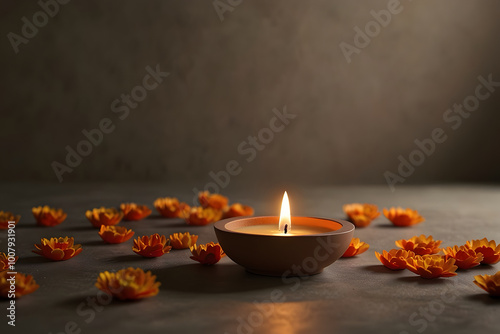 High detail  minimalist image of Diwali Altar with Food Offerings and Diyas photo