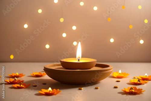 High detail  minimalist image of Diwali Altar with Food Offerings and Diyas photo