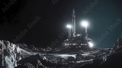 Fototapeta Naklejka Na Ścianę i Meble -  A futuristic space station stands tall on an asteroid, its bright lights a beacon in the vast darkness of space. Asteroid Mining Station. Illustration