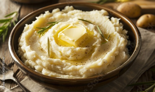 Bowl of mashed potatoes with butter and butter pat