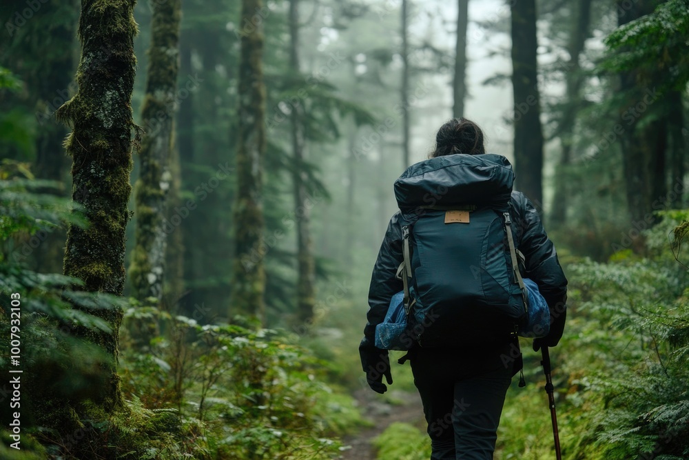A Solo Hiker With a Backpack Walking Through a Foggy Forest A Solo Hiker With a Backpack Walking Through a Foggy Forest