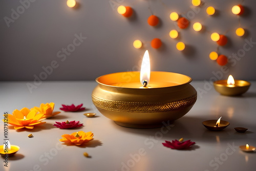 High detail  minimalist image of Diwali Altar with Food Offerings and Diyas photo