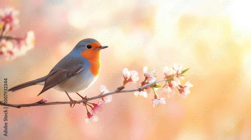 A serene bird rests on a blooming branch, surrounded by soft colors in a blurred background, evoking tranquility. A serene bird rests on a blooming branch, surrounded by soft colors in a blurred background, evoking tranquility.