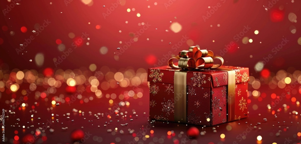 Red gift box with gold bow on red background Red gift box with gold bow on red background