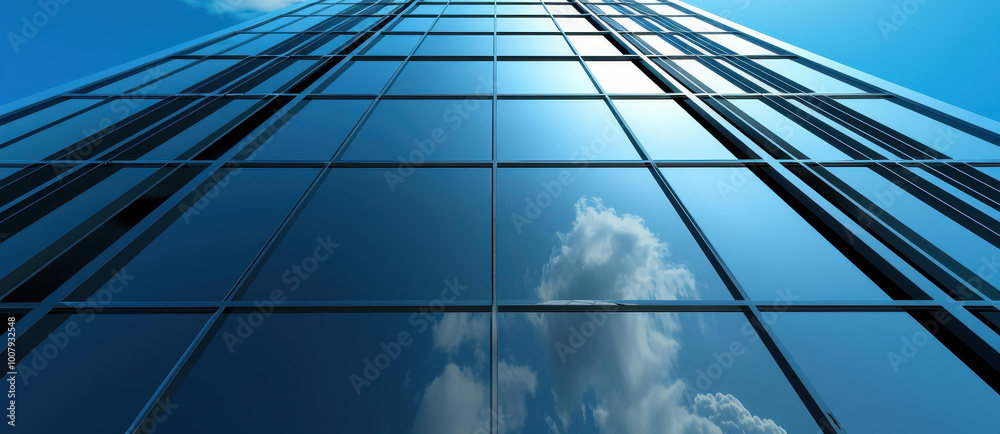 Fototapeta premium Experience the sleek design of a highrise building with dark steel windows reflecting clouds in a stunning skyline.