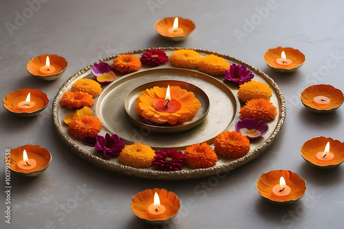 High detail  minimalist image of Diwali Altar with Food Offerings and Diyas photo