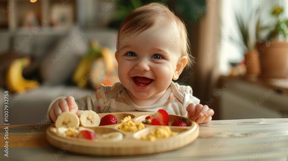 Happy Baby Eating Breakfast with Fruit and Scrambled Eggs at Home Happy Baby Eating Breakfast with Fruit and Scrambled Eggs at Home
