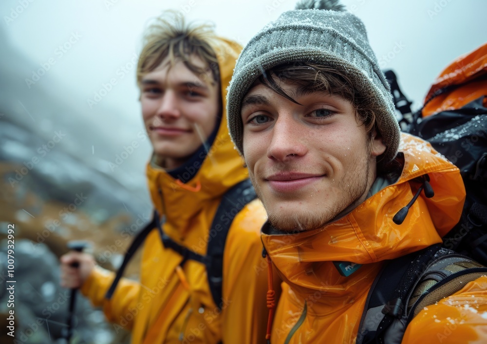 Two young men standing next to each other, looking at the camera. Two young men standing next to each other, looking at the camera.