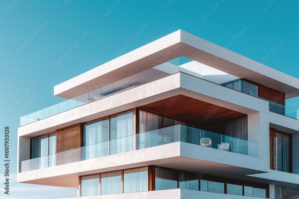 White modern house with balcony and blue sky White modern house with balcony and blue sky