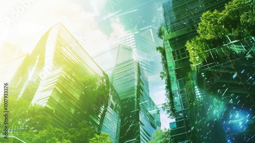 Futuristic green cityscape with tree and network