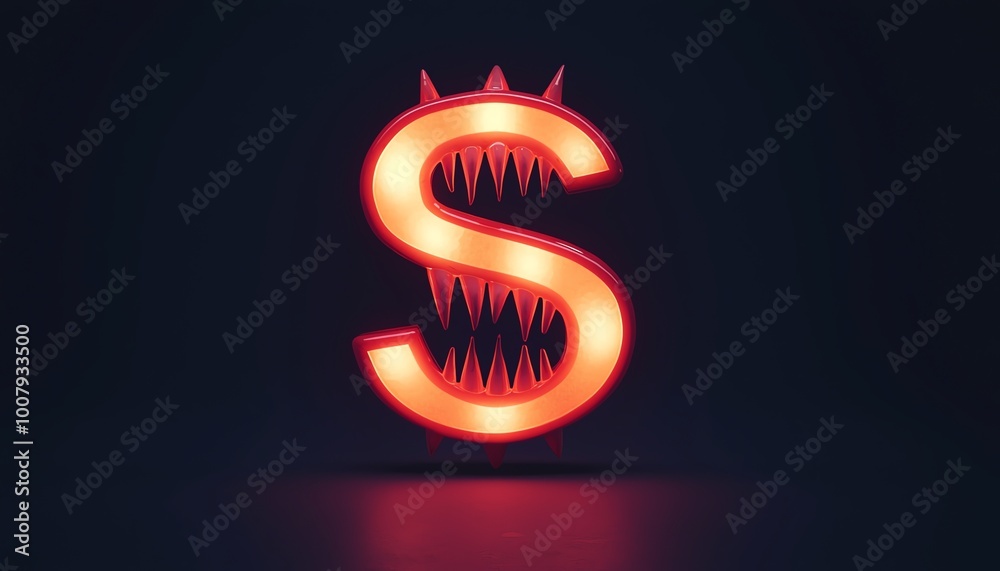 Obraz premium A striking letter 'S' illuminated in red, featuring sharp teeth, set against a dark background, perfect for bold designs.