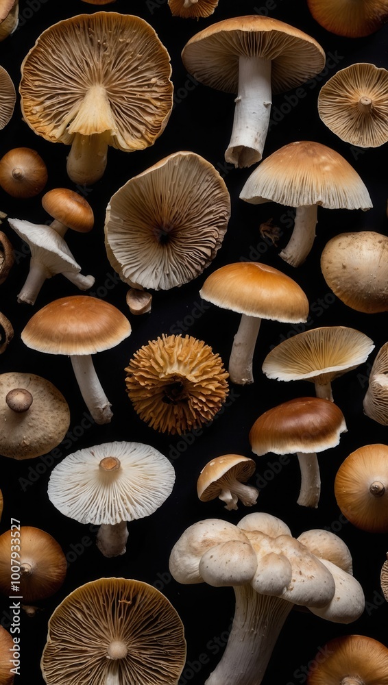 Assorted mushrooms in shades of brown and green on gray background Assorted mushrooms in shades of brown and green on gray background