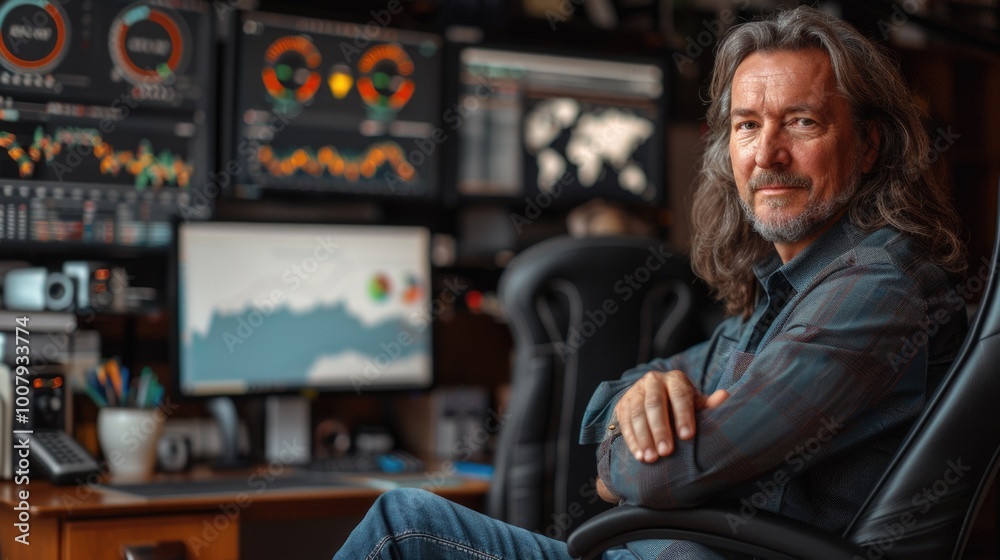 Confident Financial Analyst in Modern Office with Multiple Monitors Analyzing Stock Market Trends and Data