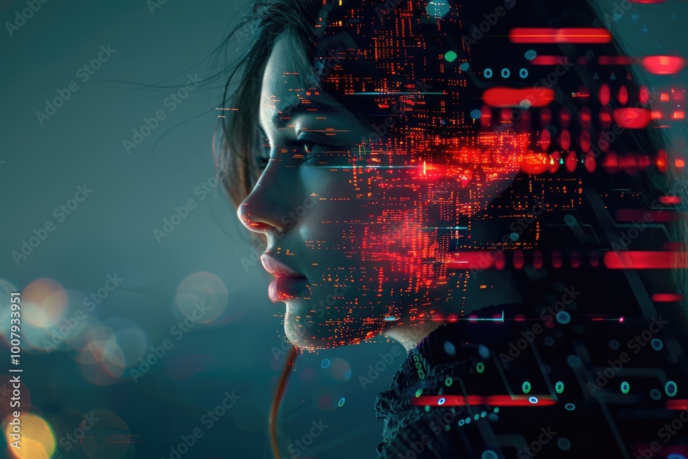 Double exposure. Futuristic background. Woman's profile and digital data Double exposure. Futuristic background. Woman's profile and digital data