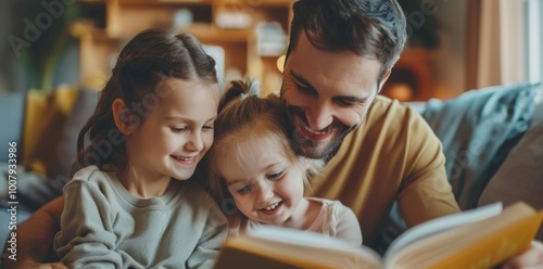 Father Reading Story to Two Young Daughters on Cozy Couch in Library