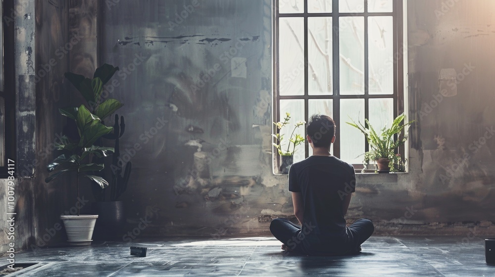 Man sitting in center of room Man sitting in center of room