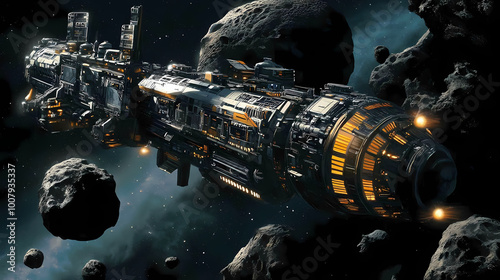 Fototapeta Naklejka Na Ścianę i Meble -  A space station operates in the depths of space, efficiently processing resources while asteroids drift nearby. Asteroid Mining Station. Illustration