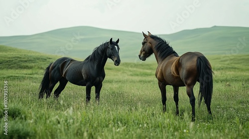 Two Horses Standing in a Field of Green Grass