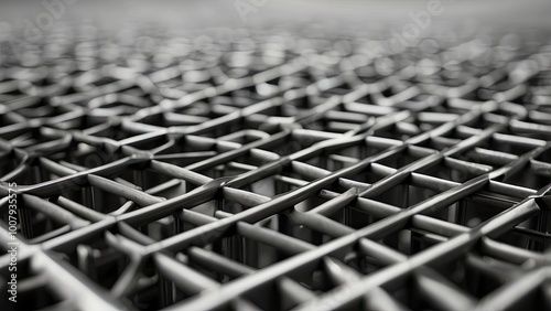 Technological metal grid structure in monochrome, focusing on lines and patterns, representing modern architecture, industry, and technology.