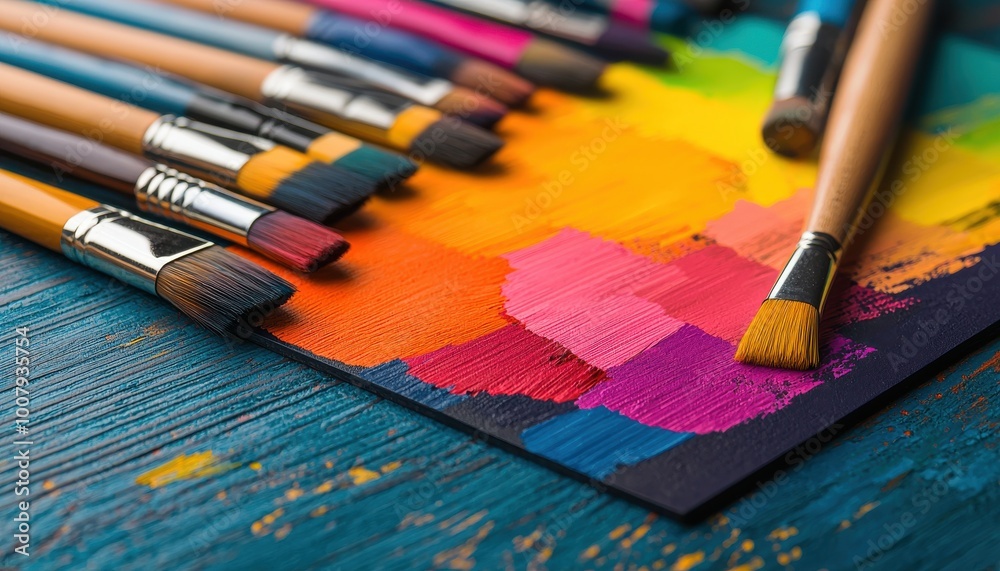 Fototapeta premium Art supplies including brushes on a colorful paint palette.