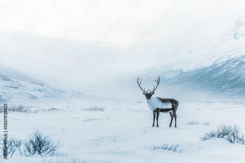 Solitary Reindeer Standing in a Snowy Mountain Landscape Solitary Reindeer Standing in a Snowy Mountain Landscape