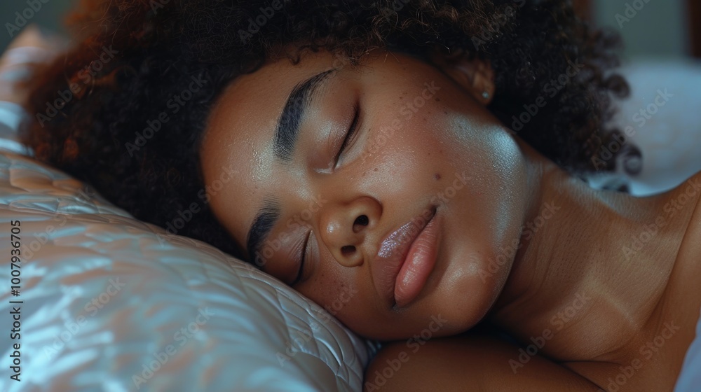 African American woman sleeping in bed with eyes closed African American woman sleeping in bed with eyes closed