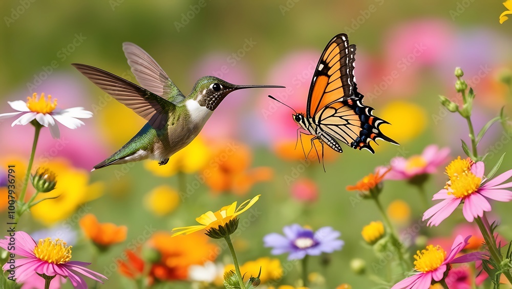 Fototapeta premium This enchanting image captures a vibrant moment in nature as a hummingbird and butterfly meet in mid-flight above a colorful meadow of blooming flowers.