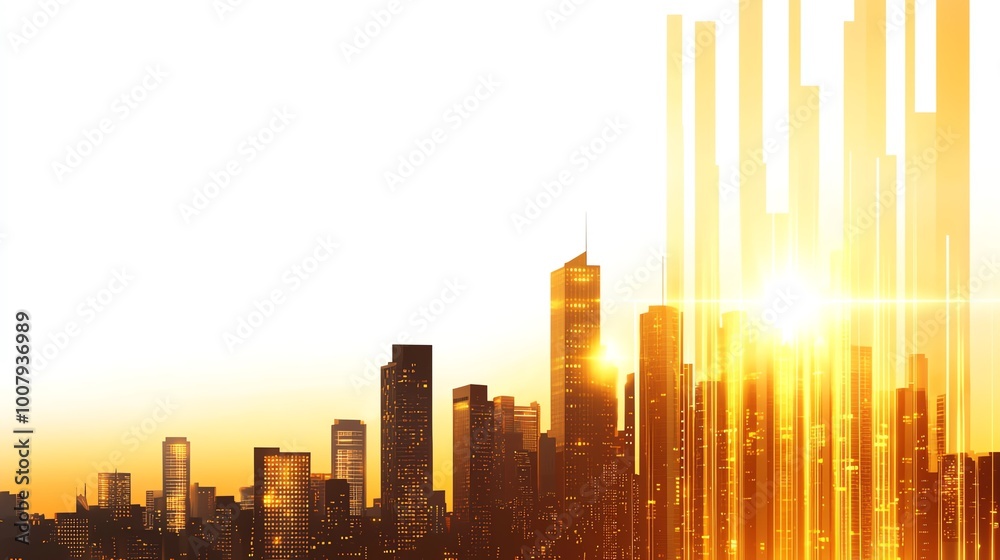 Obraz premium City skyline at sunset with orange and yellow tones, dramatic architectural silhouette.