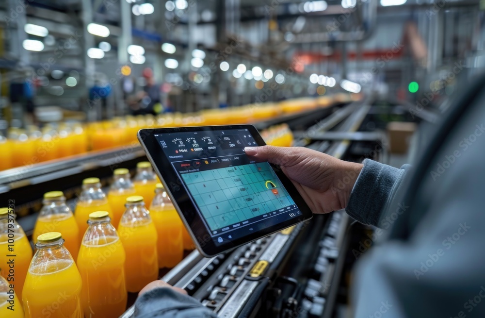 Man holding tablet next to line of orange juice Man holding tablet next to line of orange juice