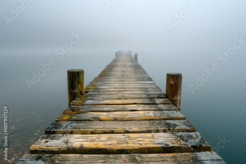 Wooden dock extending into foggy lake