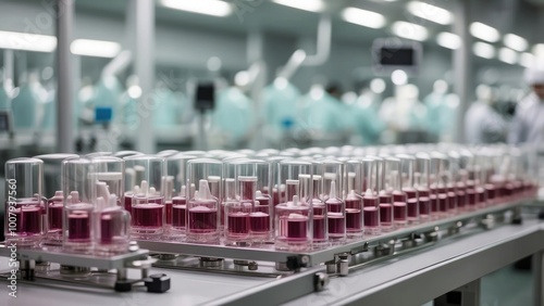 Depiction of a production line in a pharmaceutical facility, highlighting the automated filling of glass ampoules for medication.