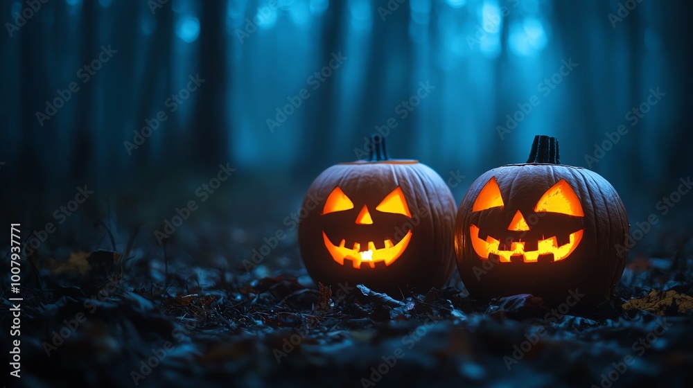 Two carved pumpkins glowing in a spooky forest setting during Halloween night. Two carved pumpkins glowing in a spooky forest setting during Halloween night.