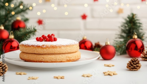 Festive cake with red berries and Christmas decorations, white background.