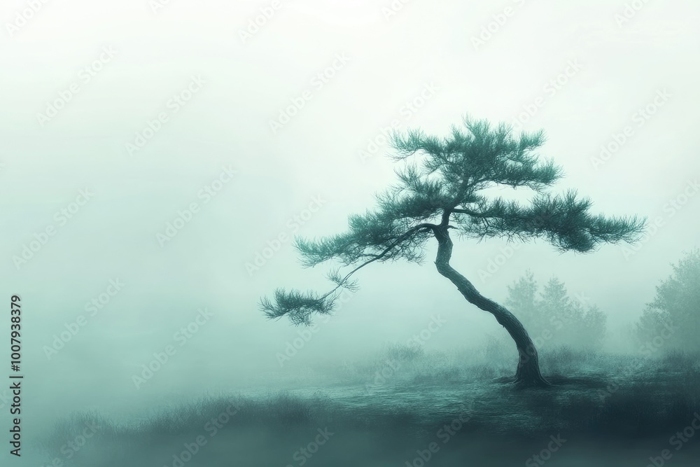 Solitary Tree Silhouetted Against Foggy Forest Solitary Tree Silhouetted Against Foggy Forest