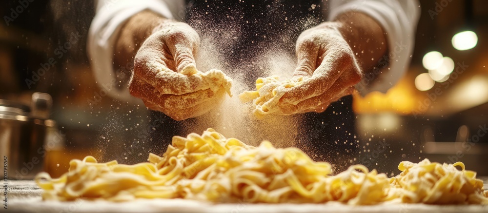 Chef's hands tossing fresh pasta with flour, creating a cloud of dust. Chef's hands tossing fresh pasta with flour, creating a cloud of dust.