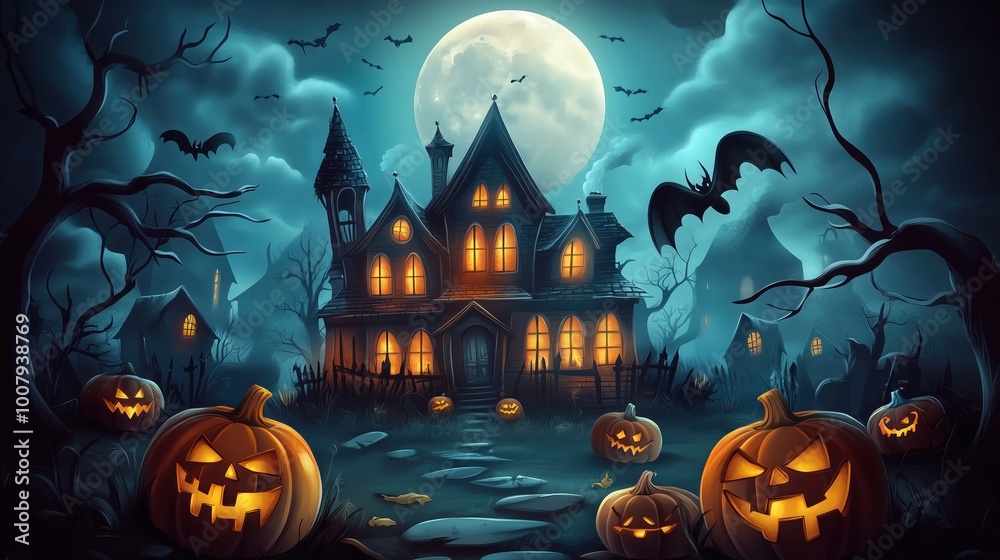 Spooky Halloween digital painting featuring a haunted house under a full moon with glowing pumpkins in the foreground. This eerie and atmospheric scene is perfect for web banners, posters, or greeting Spooky Halloween digital painting featuring a haunted house under a full moon with glowing pumpkins in the foreground. This eerie and atmospheric scene is perfect for web banners, posters, or greeting