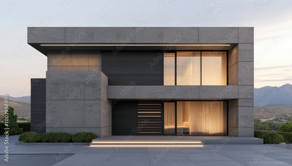 Modern architectural design with large windows, concrete facade, and sleek lines. Modern architectural design with large windows, concrete facade, and sleek lines.