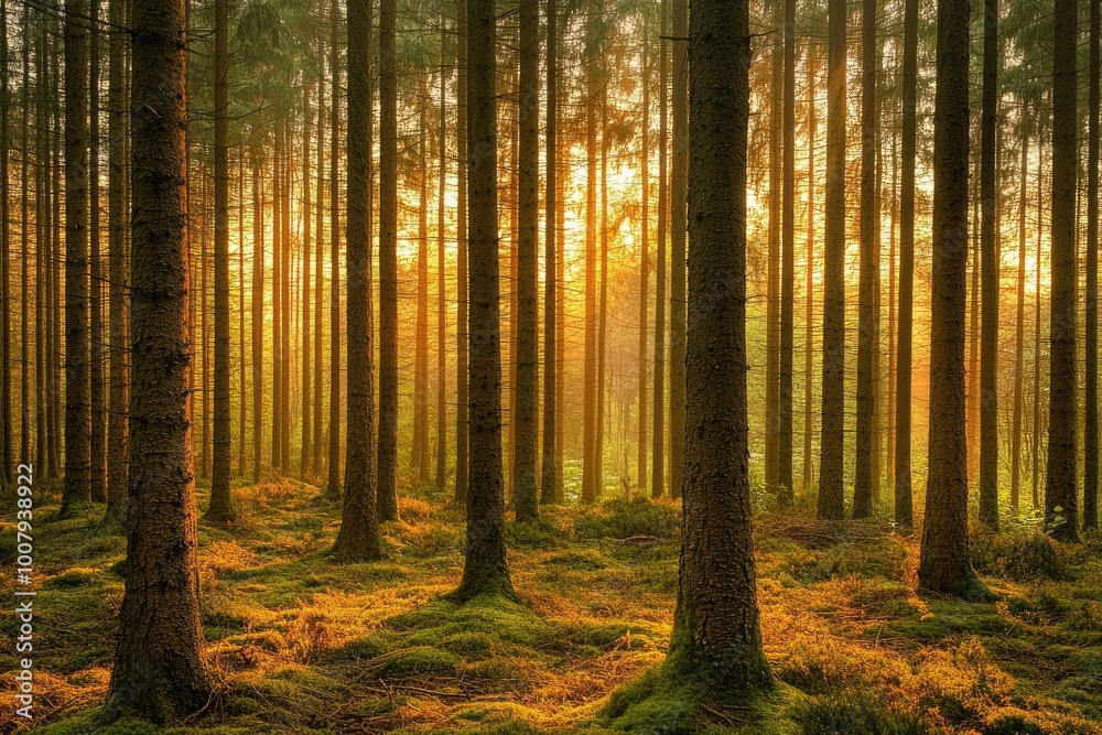 Fototapeta premium Golden Sunlight Filtering Through Tall Trees in a Dense Forest