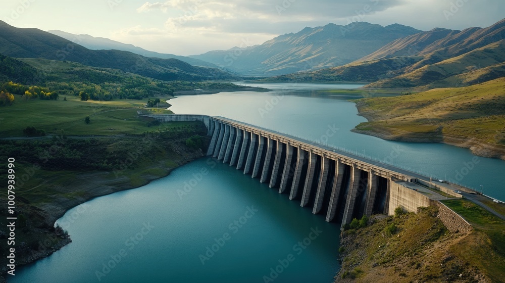 Aerial view of a dam surrounded by mountains and a serene lake landscape. Aerial view of a dam surrounded by mountains and a serene lake landscape.