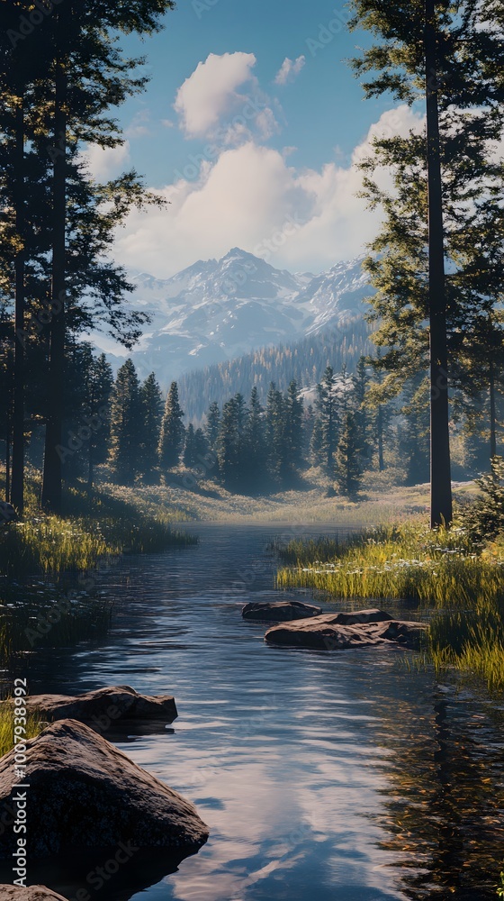 Obraz premium Tranquil River Through the Mountains