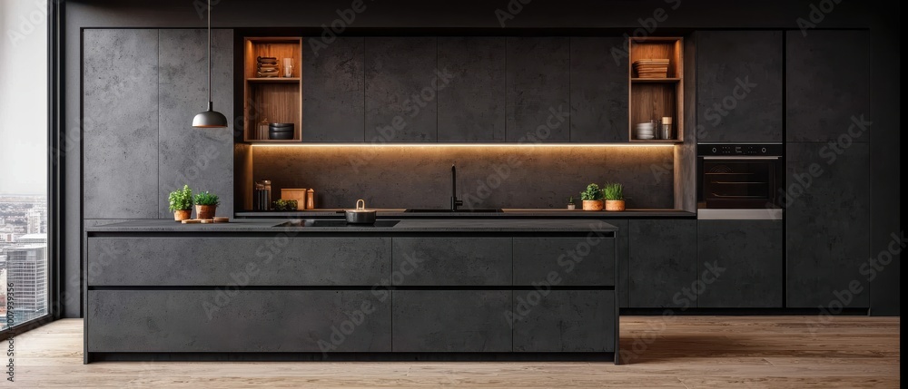 Modern kitchen with sleek design and ambient lighting. Modern kitchen with sleek design and ambient lighting.
