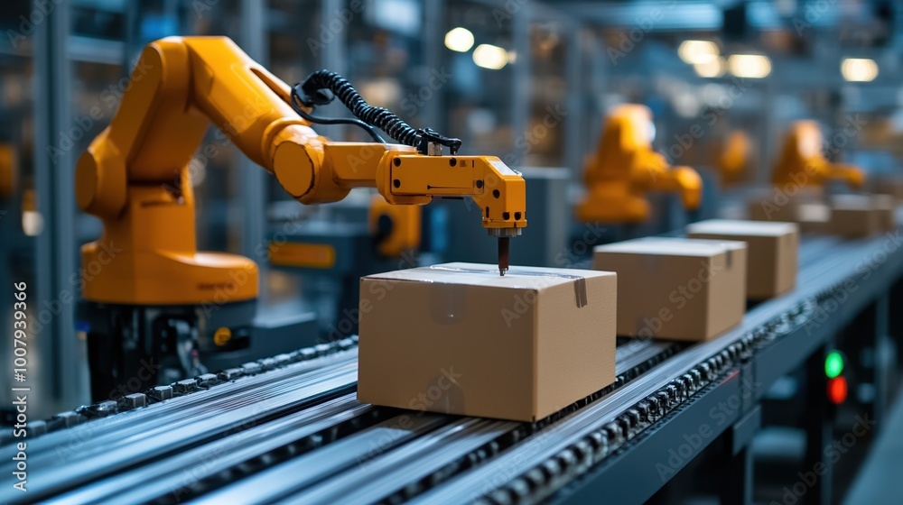 Automated robotic arm sorting boxes in a modern warehouse setting. Automated robotic arm sorting boxes in a modern warehouse setting.